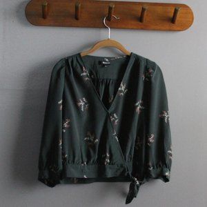 Madewell Silk Green Floral Wrap Blouse, Small
